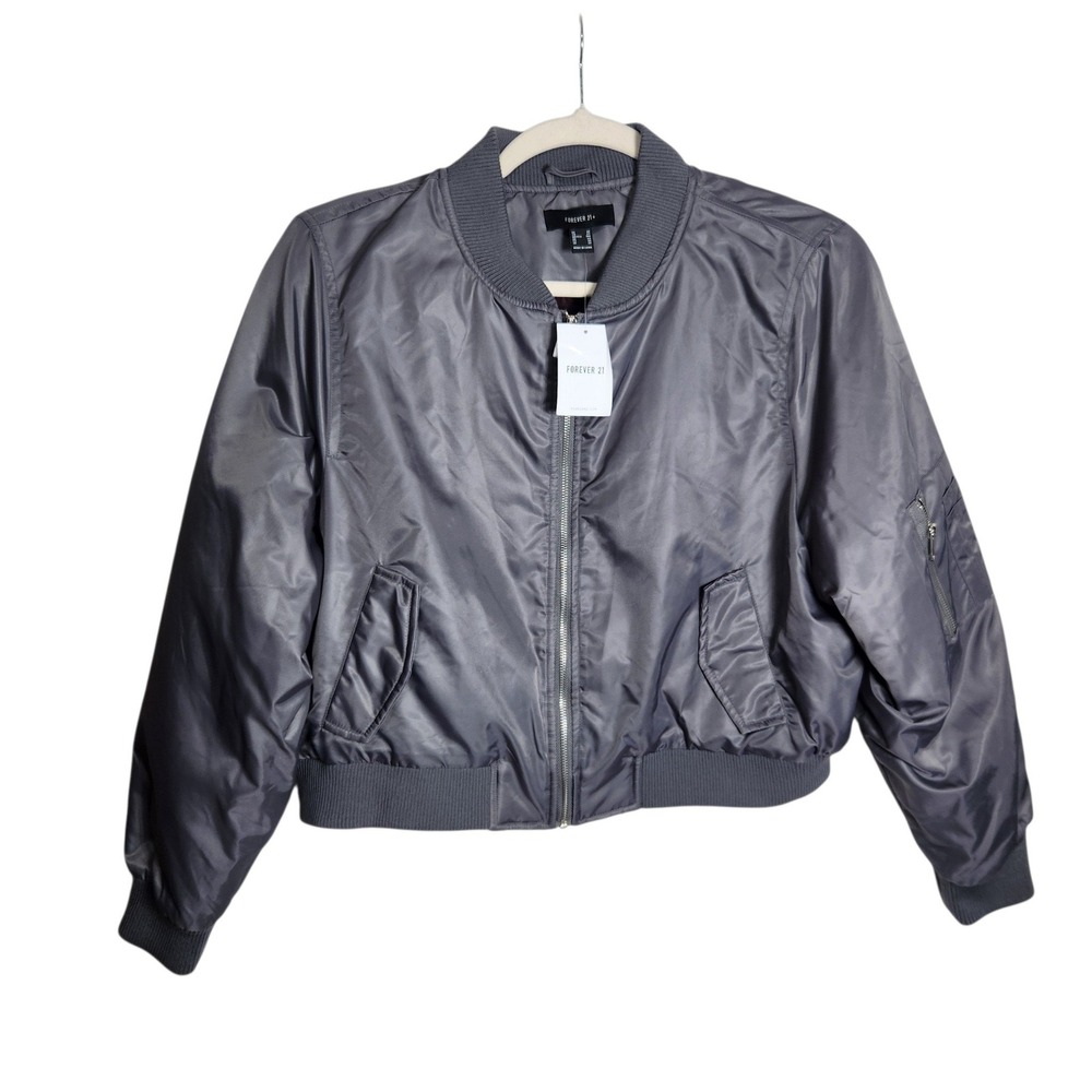 Forever 21+ Womens Plus 2X Pewter Gray Nylon Flight Bomber Jacket Gray